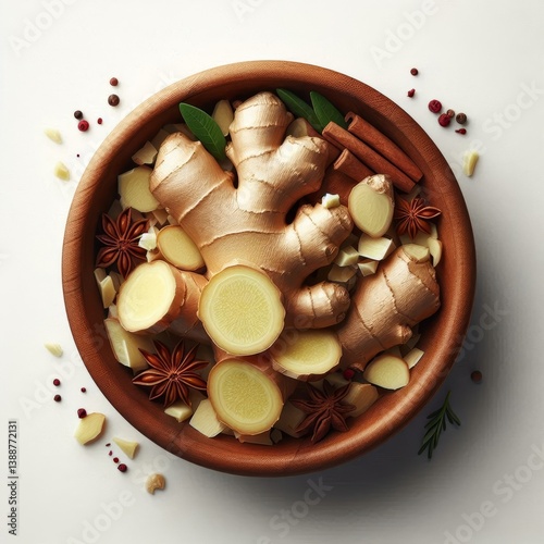 Ginger root and spices artfully arranged in wooden bowl top view