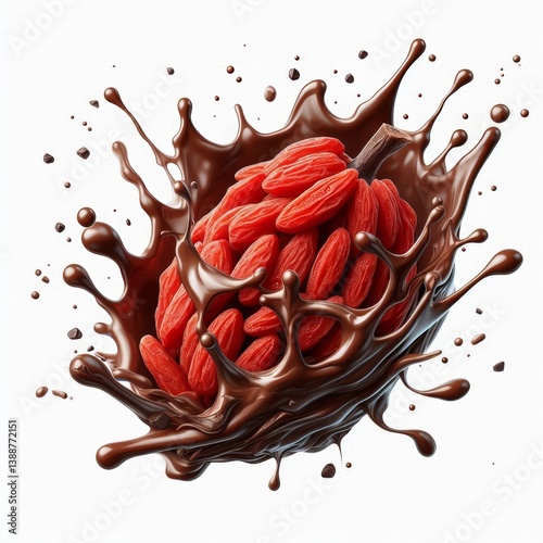 Goji berries embraced by a rich dark chocolate splash on a pristine white backdrop