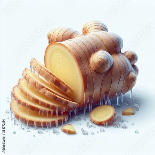 Frozen ginger root slices: A refreshing and vibrant culinary ingredient display