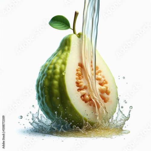 Refreshing guava delight: cascading water highlighting the fruit's juicy interior