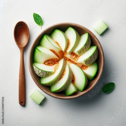 Honeydew melon artistic arrangement in a wooden bowl, fresh fruit delight