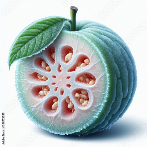 Iced Guava cross section, vibrant tropical fruit with frosted textured surface