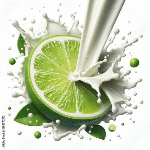 Invigorating lime slice immersed in flowing milk creating a refreshing cascade