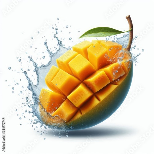 Invigorating Splash on Diced Mango Delight with Refreshing Water Droplets in Studio Shot