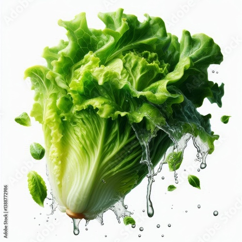 Crisp freshness: Romaine lettuce gets a refreshing water splash on white backdrop