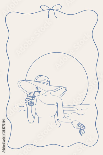 Doodle style vector illustration Seaside weekend,girl on the beach with a hat and a cocktail.Sea, calm, beach. Poster sketch, retro style.