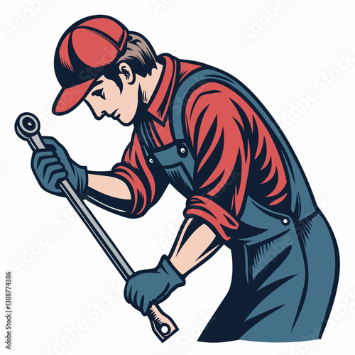 Create a bold vector illustration of a mechanic using a torque wrench on a car engine.  Focus on strong lines and impactful design.
