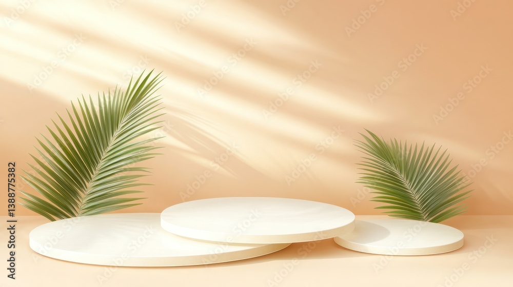 Obraz premium Minimalist, cream colored, podiums, tropical leaves, sunlight display