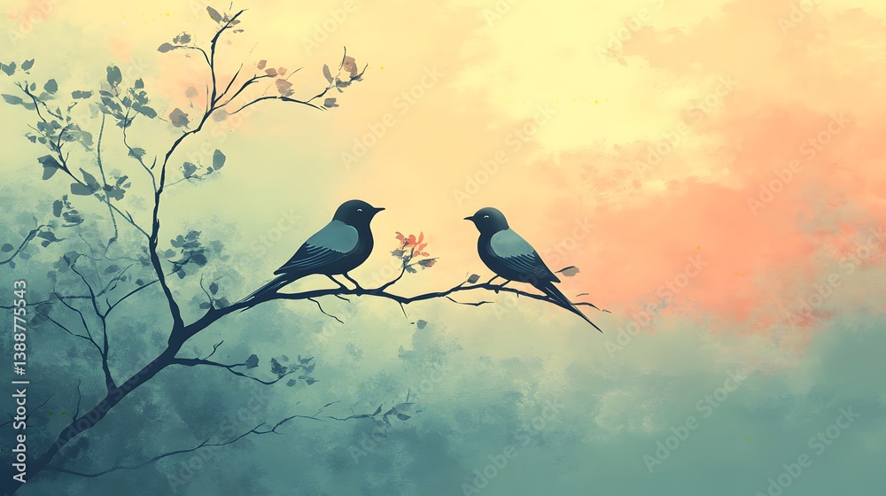 Fototapeta premium Two birds perched on a tree branch in a minimalist nature illustration, symbolizing sibling love, emotional connection, harmony, companionship, and togetherness on Siblings Day 