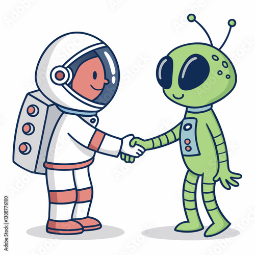 Create a bold, vector illustration of an astronaut meeting an alien, featuring thick outlines and vibrant colors.  Focus on a striking, memorable design.