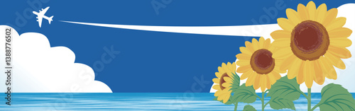 バナー　web　広告　夏　向日葵　ひまわり　飛行機　海　空　フレーム　テンプレート　背景　デザイン　イラスト
