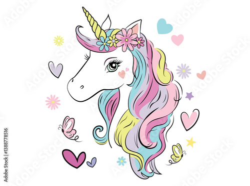 Vector illustration, cute unicorn decorated with flowers, butterflies and hearts,. Design for printing on shirt, poster, banner. Lovely print for t-shirt, abstract image.