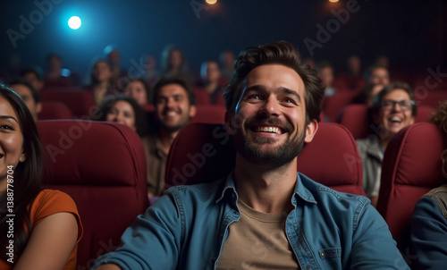 Enthusiastic moviegoers enjoying a film in a theater, experiencing joy and laughter in a shared cinematic experience.