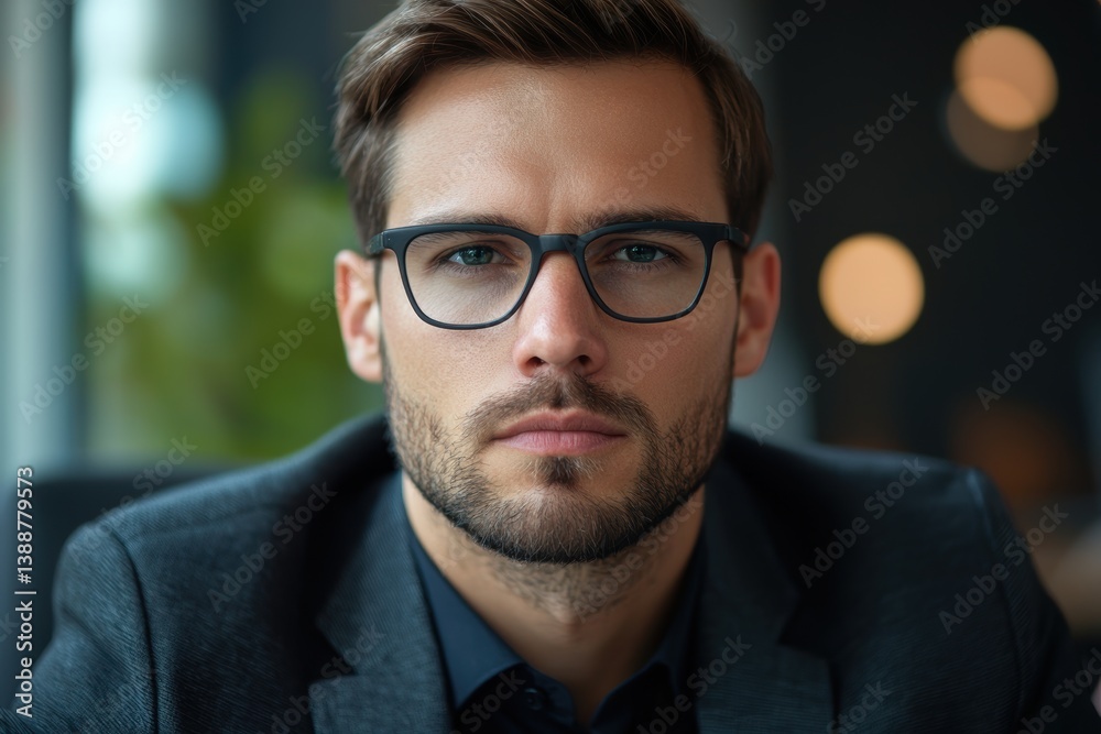 A focused man in a suit gazes intently, exuding professionalism and confidence in a contemporary setting. A focused man in a suit gazes intently, exuding professionalism and confidence in a contemporary setting.
