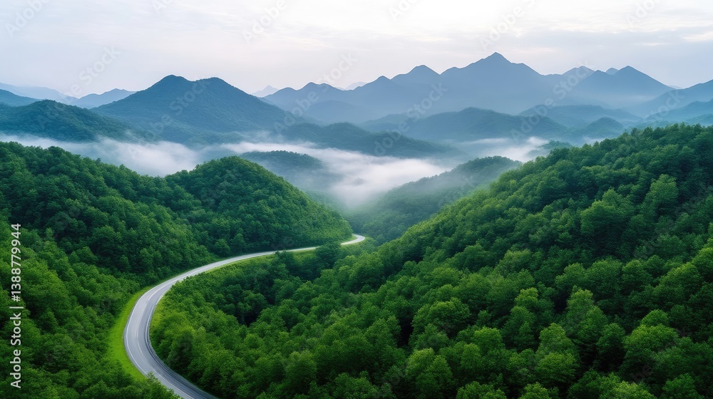 Fototapeta premium A winding road through lush green mountains, dense forest landscape with mist in the valleys, and serene and tranquil nature scene.