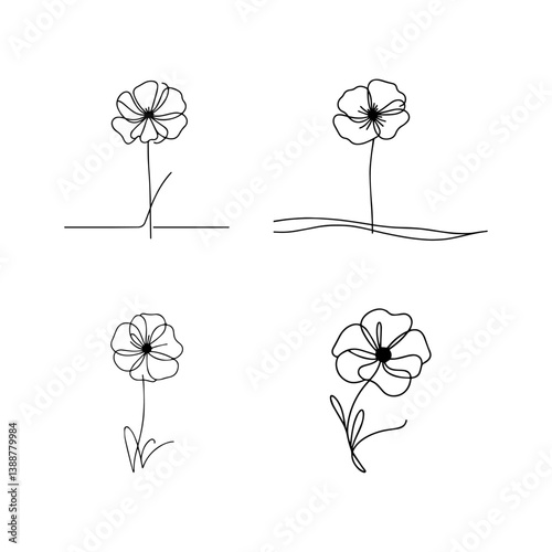 Collection of Continuous Line Drawing Poppy Flowers