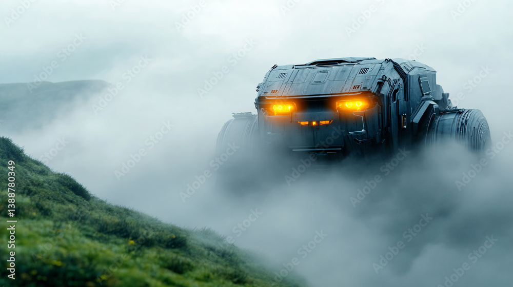 Fototapeta premium giant mecha robot emerges from fog covered landscape, its glowing orange lights piercing through mist. scene is mysterious and futuristic, evoking sense of awe and intrigue