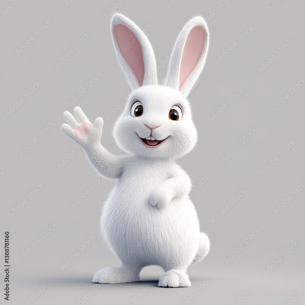 Obraz premium Cute White Fluffy Cartoon Rabbit Waving on Gray Background