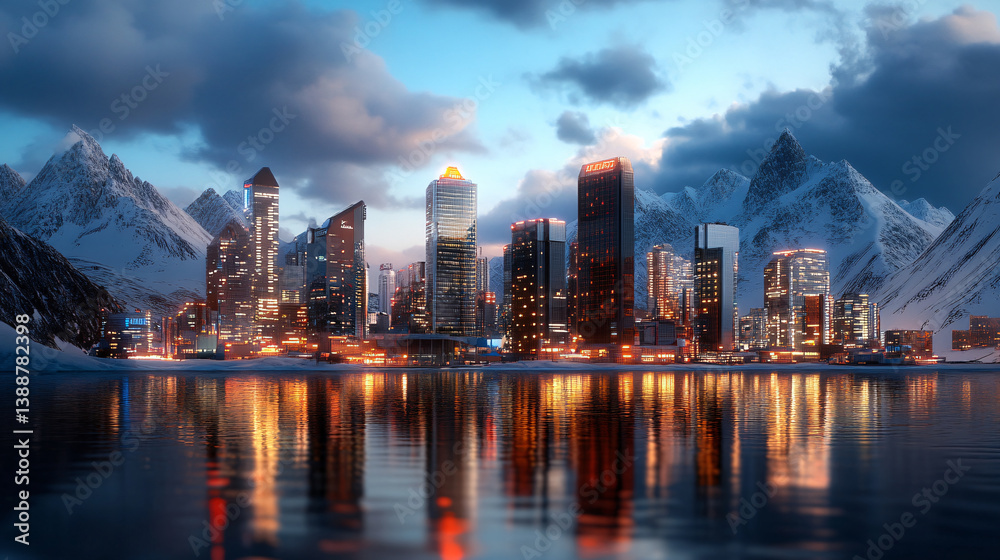 Fototapeta premium futuristic city with glowing skyscrapers is nestled beneath snow capped mountains, reflecting in calm body of water. scene is illuminated by vibrant neon lights, creating cyberpunk atmosphere