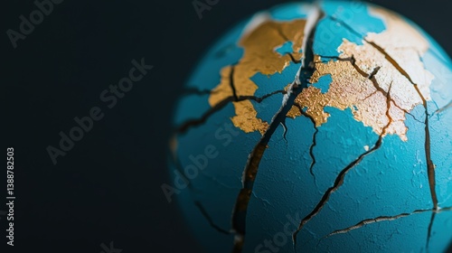 A cracked globe with golden highlights represents a fractured world, showcasing beauty and imperfection in a striking blue and gold design.