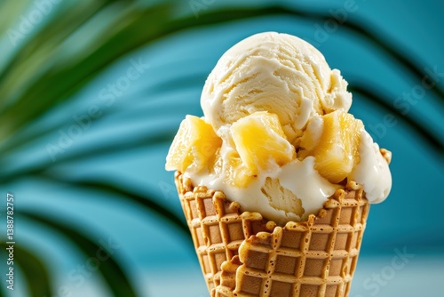 A delicious ice cream cone topped with creamy vanilla ice cream and pineapple chunks, set against a vibrant blue background with tropical foliage. photo