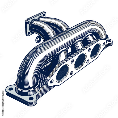 Create a bold, vector illustration of an exhaust manifold with heavy, clearly defined strokes.  The design should be highly detailed and mechanically accurate.