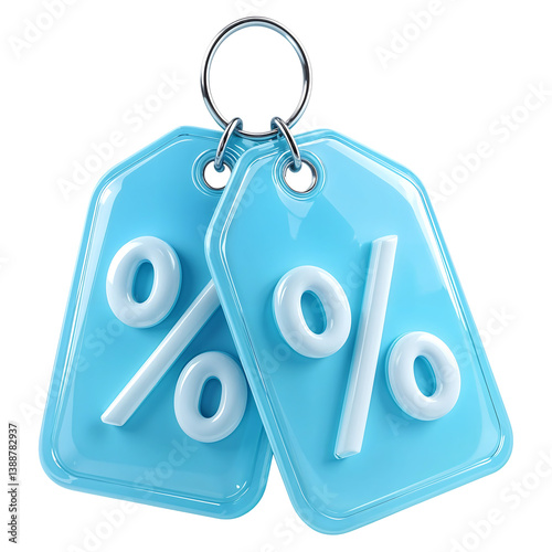 3D Light Blue Discount Tags with Percentage Symbols on Transparent Background