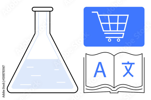 Beaker with liquid, digital shopping cart, and open book with letters. Ideal for education, research, e-commerce, technology, knowledge sharing multilingual communication innovation. Flat simple