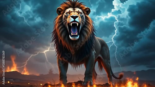 A lion on a rock with lightning
