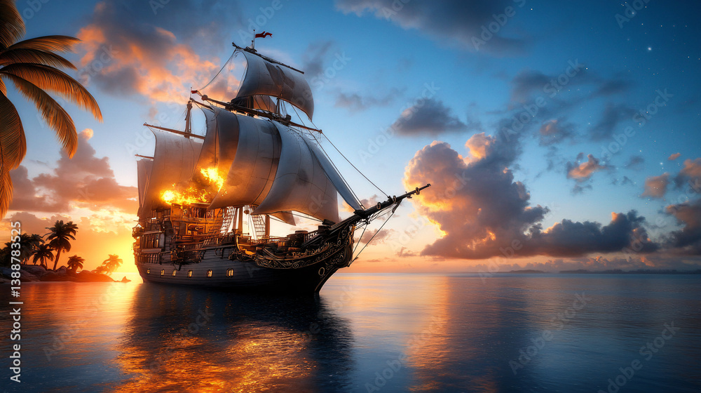 Fototapeta premium steampunk pirate ship is docked at tropical island during vibrant sunset, with palm trees silhouetted against colorful sky. scene evokes sense of adventure and mystery