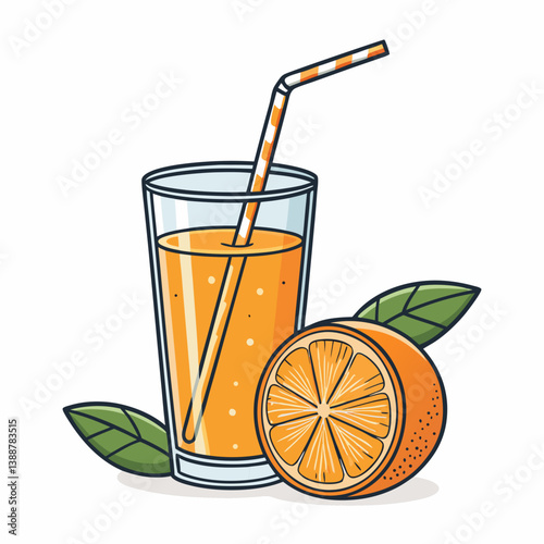 Create a vector illustration of a bold-outlined orange juice glass, emphasizing a thick, vibrant orange stroke.  Include realistic highlights and shadows for a 3D effect.