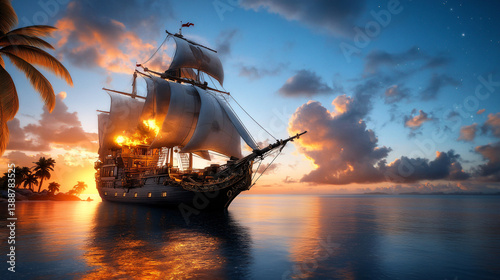 steampunk pirate ship is docked at tropical island during vibrant sunset, with palm trees silhouetted against colorful sky. scene evokes sense of adventure and mystery