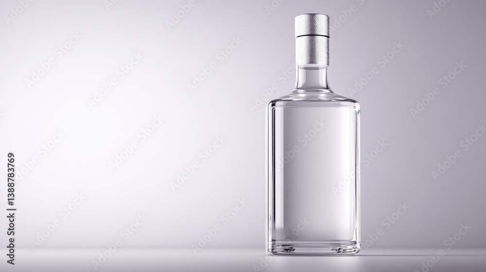 A clear glass bottle with a silver cap stands on a white surface. The bottle is rectangular with a slight curve. It is center-framed against a plain light grey background. The image is clean, simple,