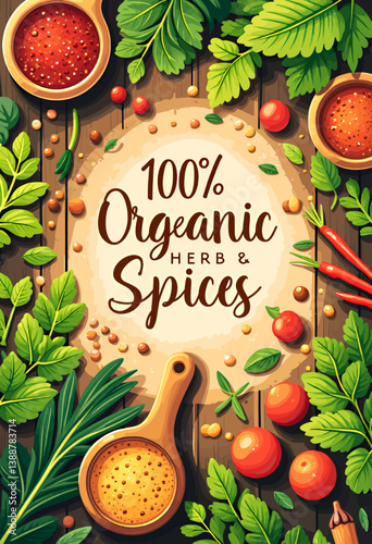 100% Organic Herbs and Spices on Wooden Surface