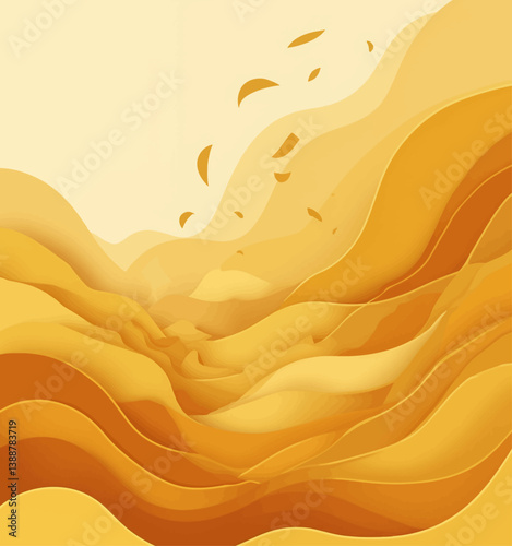 Abstract golden layered dunes with floating shapes