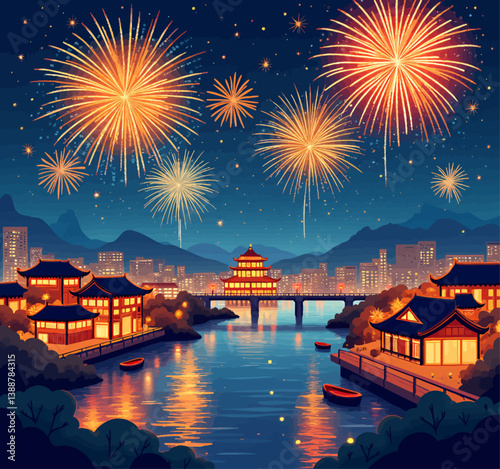 Asian cityscape with fireworks and river reflection