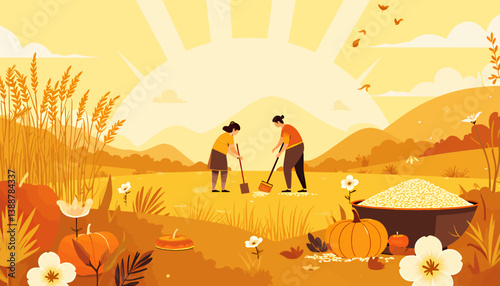 Autumn Harvest Scene with People Raking and Pumpkins