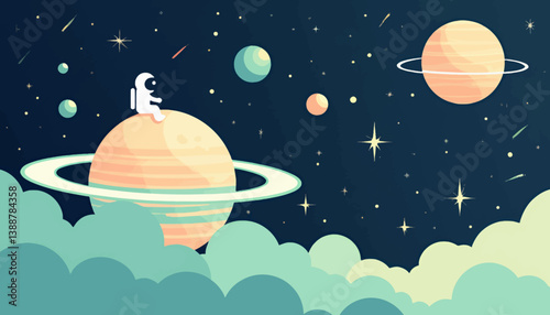 Astronaut Sits on Ringed Planet in Starry Space