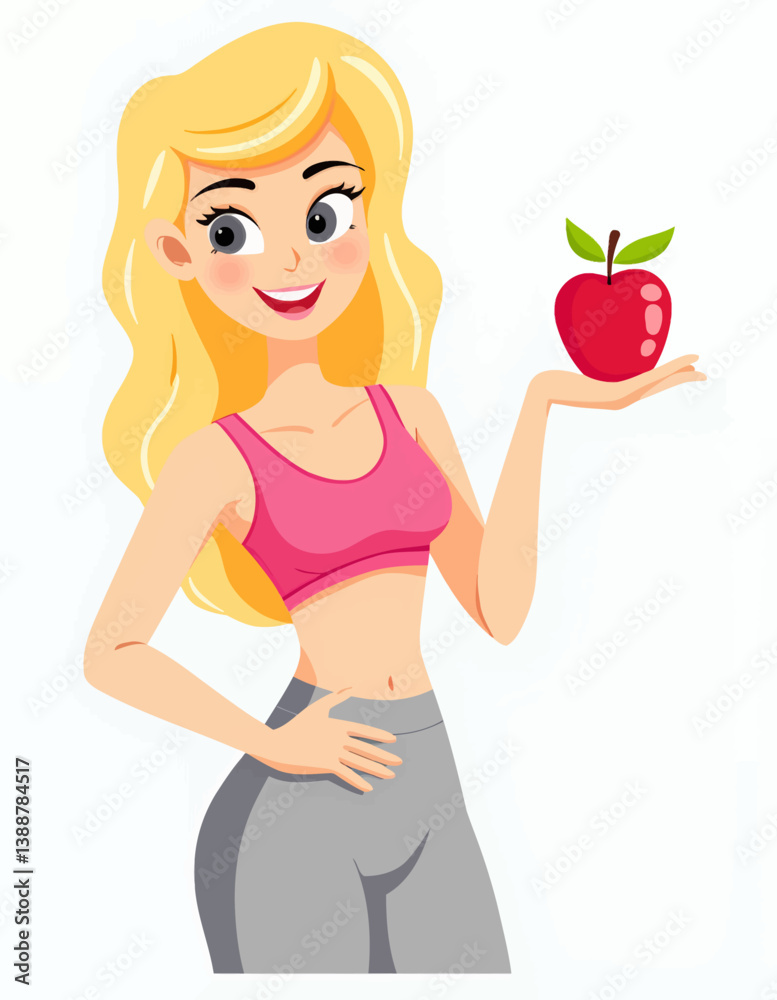 Blonde woman in workout clothes holding a red apple Blonde woman in workout clothes holding a red apple