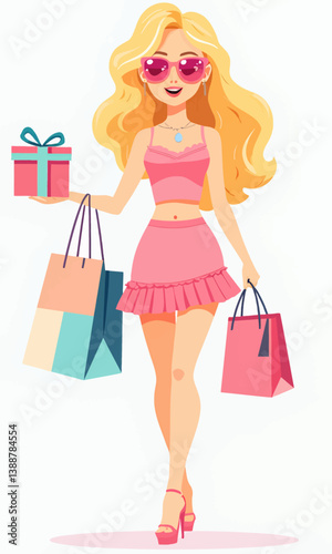 Blonde woman with shopping bags and gift box
