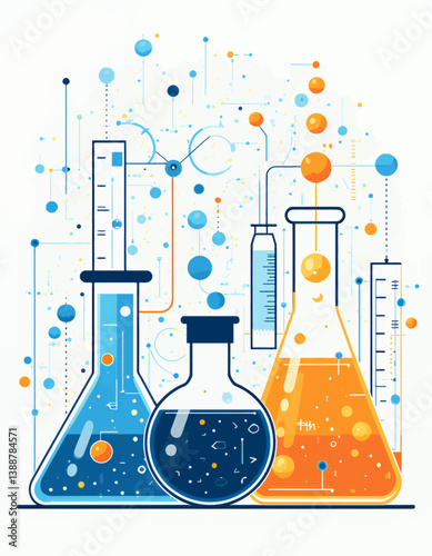 Blue and Orange Chemistry Beakers with Abstract Connections