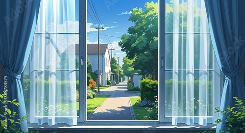 Large window with sheer curtains showing a quiet street and garden views anime cartoon style illustration artwork design background
