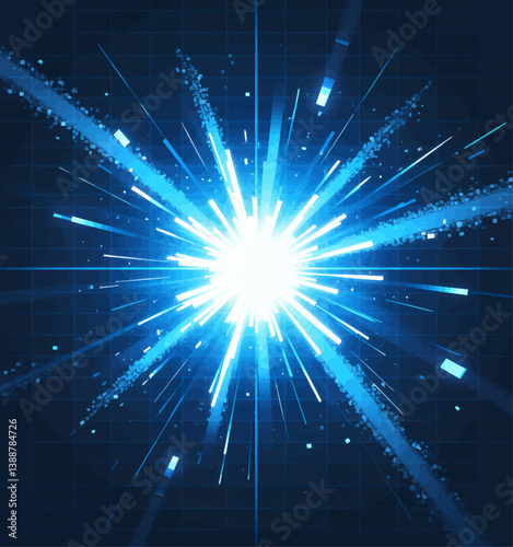 Blue burst with grid background and particle trails