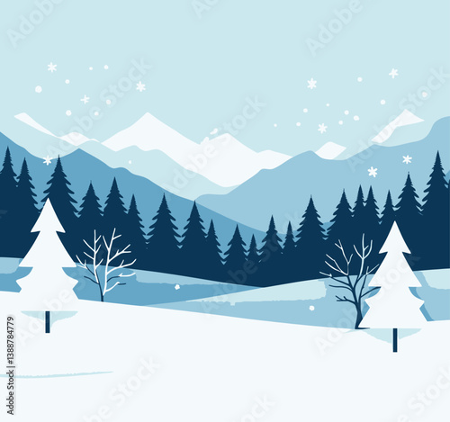 Blue winter landscape with snow and trees