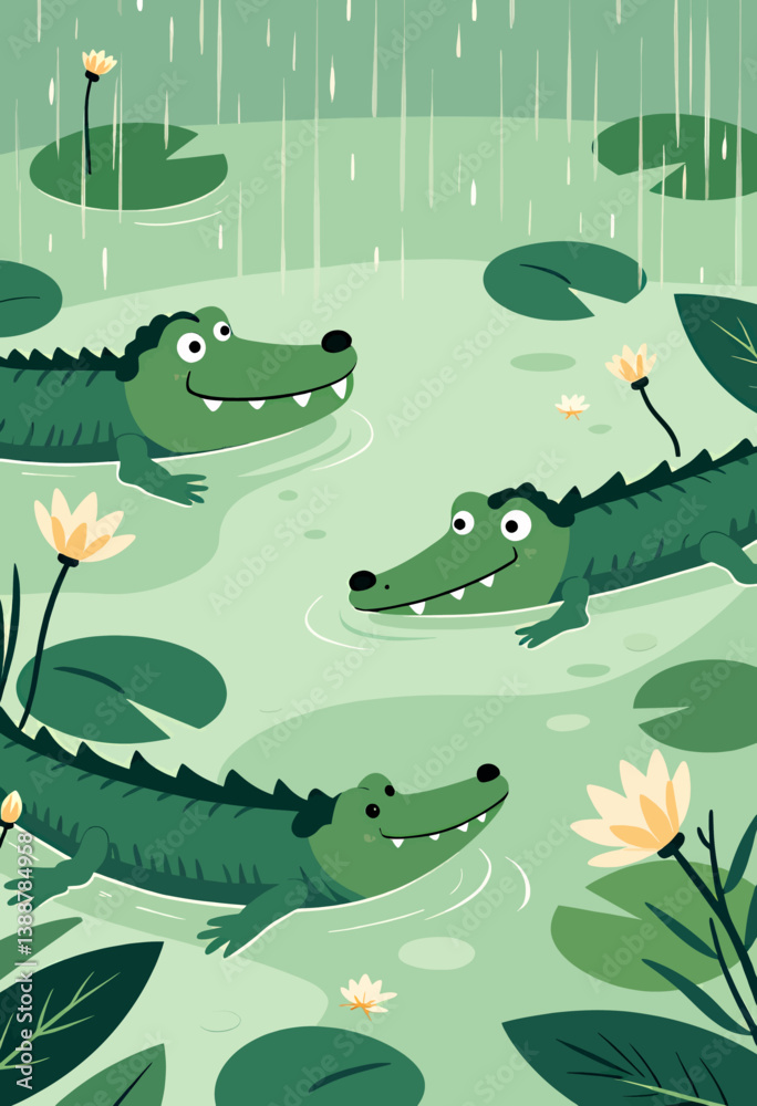 Obraz premium Cartoon Alligators Swimming in a Lily Pad Pond During Rain