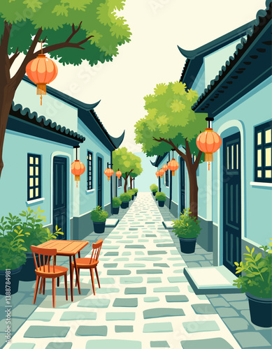 Cartoon Asian Street with Lanterns and Outdoor Seating