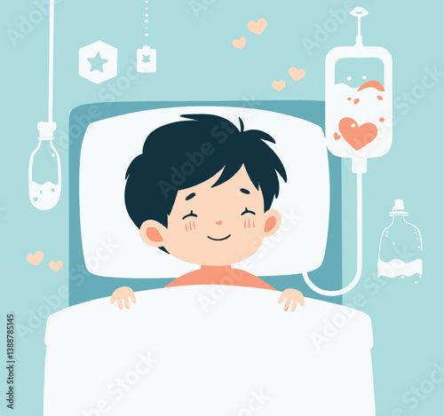 Cartoon boy in hospital bed with IV drip and heart details