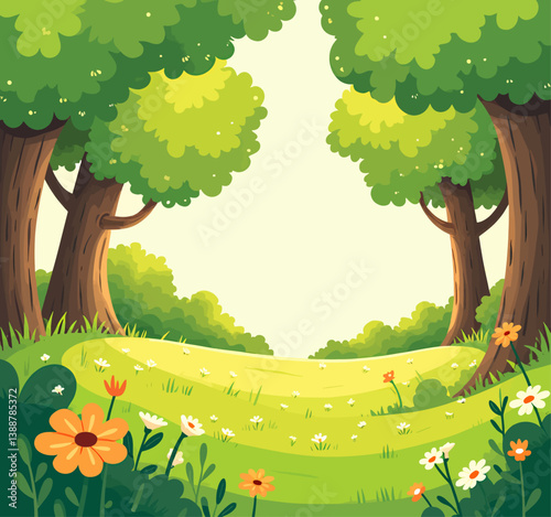 Cartoon forest clearing with flowers and trees