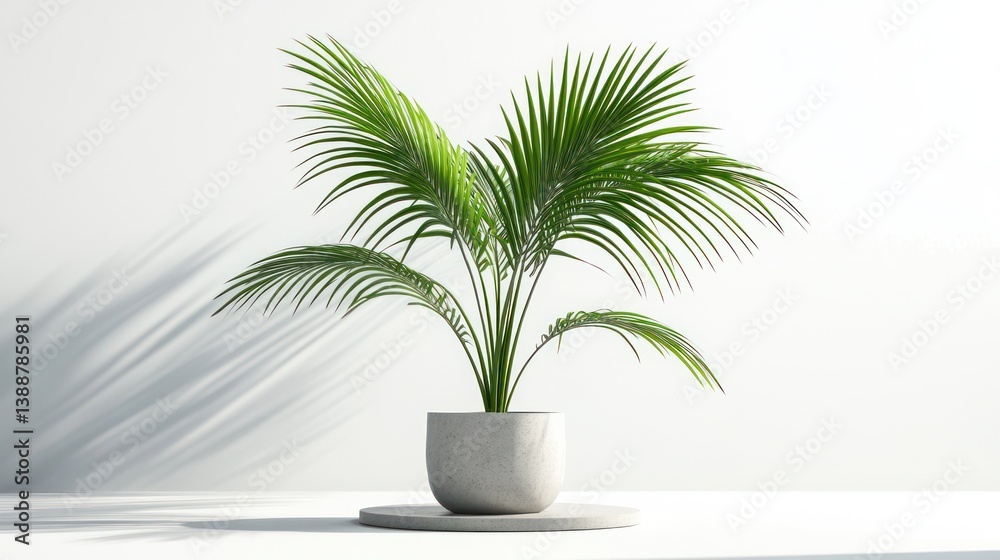 Fototapeta premium Modern potted palm plant against white backdrop. Possible use Interior design, home decor