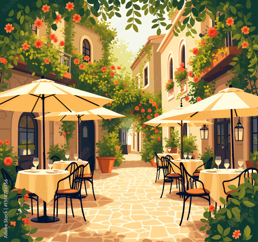 Fototapeta premium Charming Italian Courtyard Restaurant with Orange Flowers